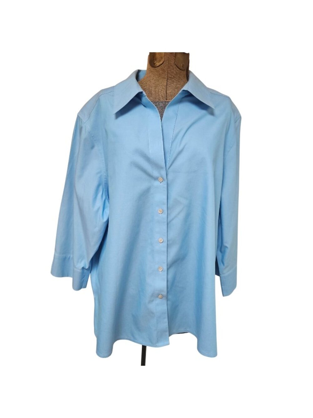 Foxcroft Blouse Womens 20W Blue Button Front 3/4 Sleeve Non Iron Business Casual